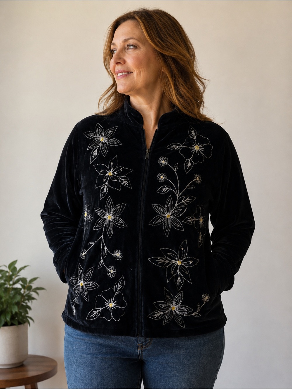 Samoon Velvet Jacket Womens LP Black Fair Floral Embroidered Boho Zip Velour